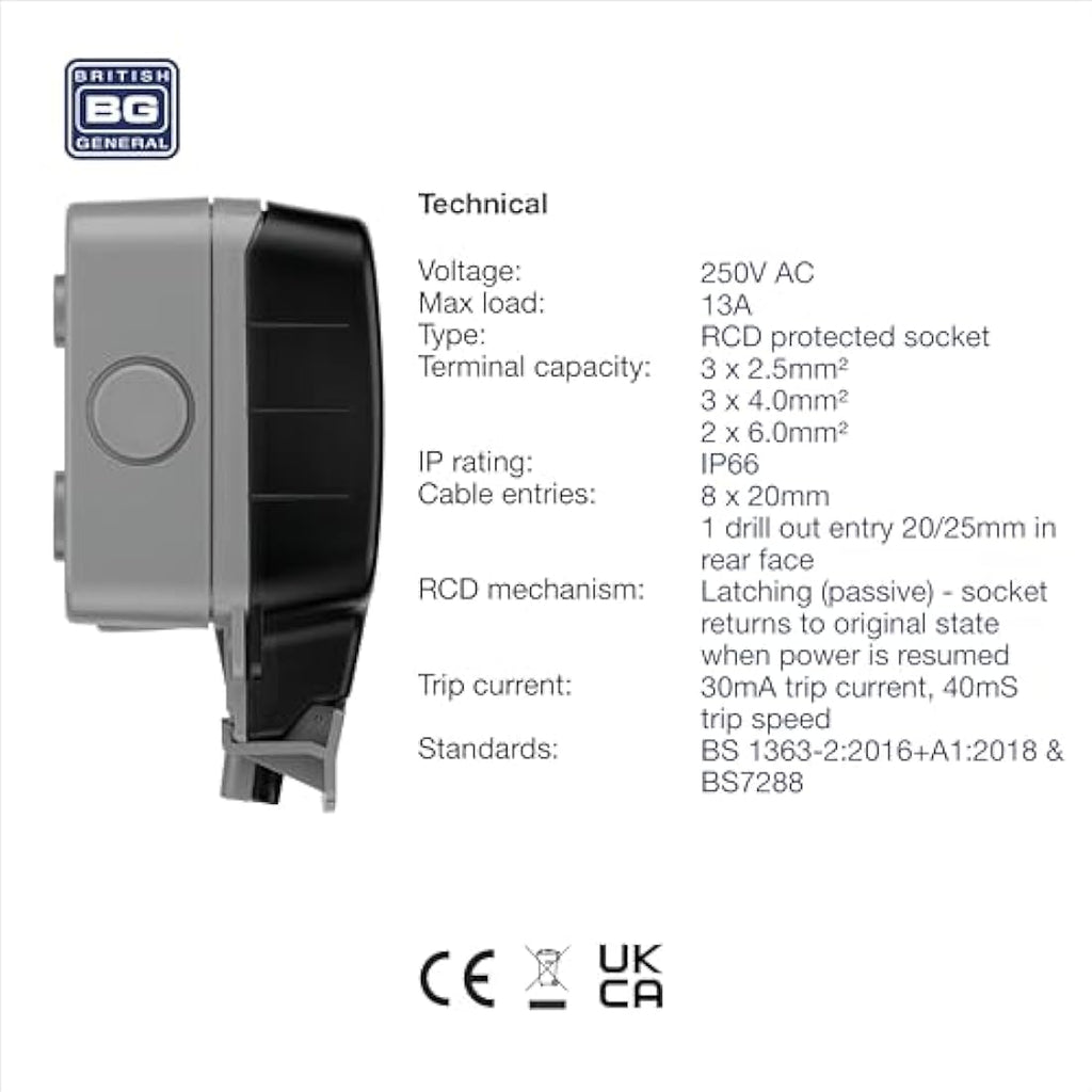BG Electrical Double Outdoor Socket | IP66 Weatherproof Latching RCD