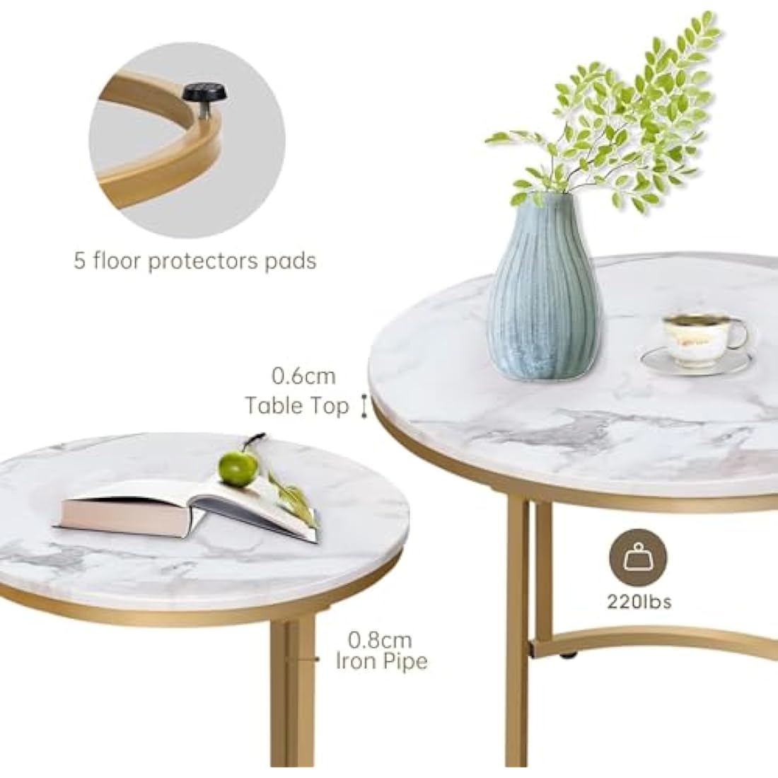 Round Nesting Coffee Tables - Set of 2 White Marble & Gold