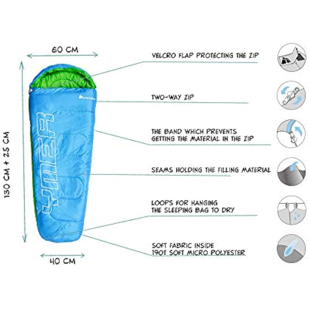 Meteor YMER Kids Mummy Sleeping Bag – Lightweight 4-Season Gear – Blue