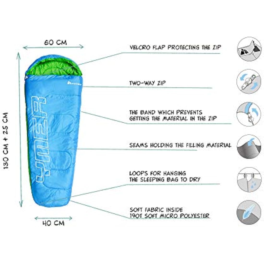 Meteor YMER Kids Mummy Sleeping Bag – Lightweight 4-Season Gear – Blue