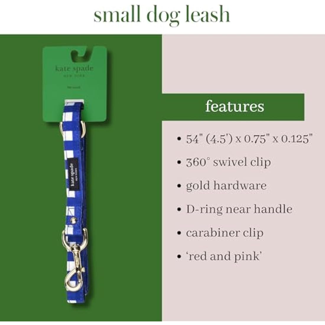 Kate Spade New York Dog Leash – Navy Gingham Lead with Gold Hardware