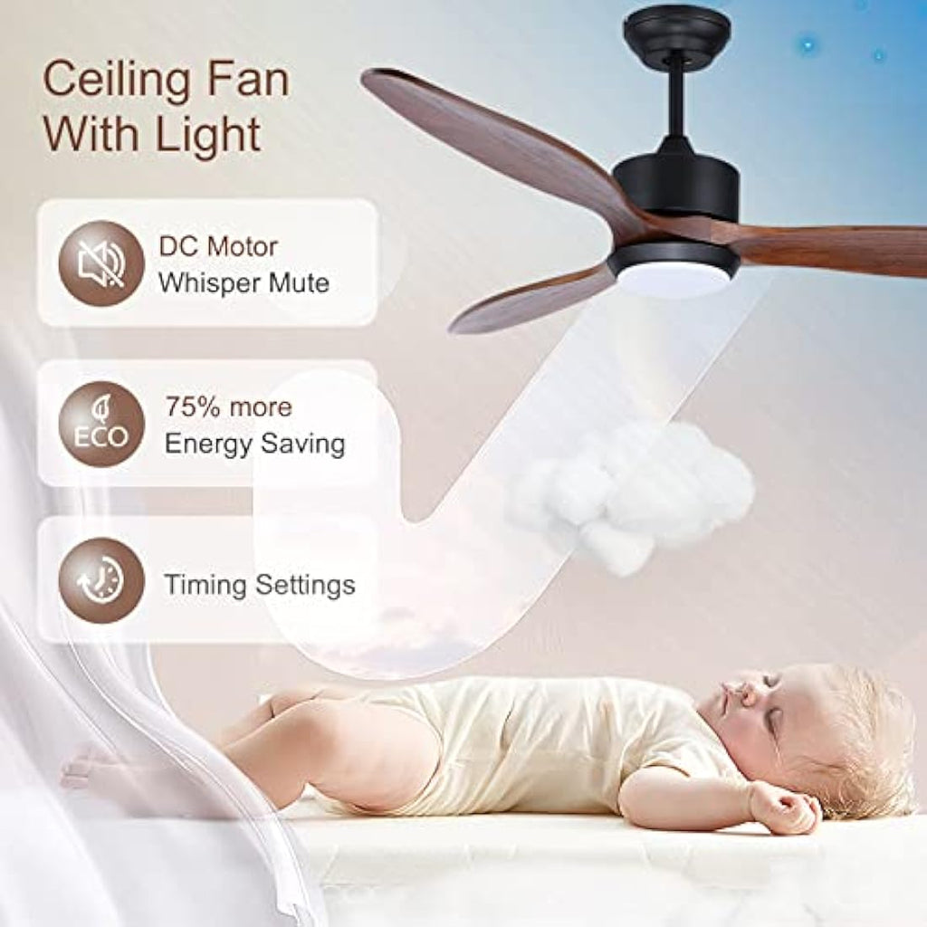 Ovlaim 132cm Wood Ceiling Fan with Dimmable LED Light & Remote Control
