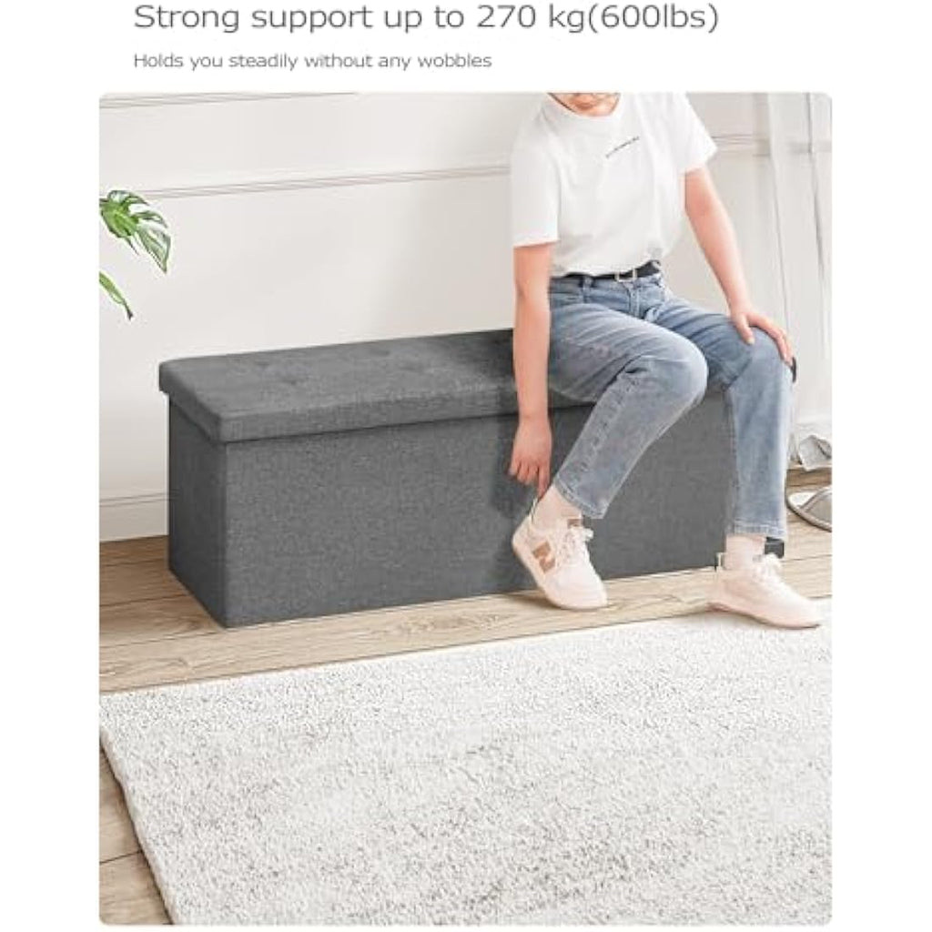 Bonlife Extra Large Folding Storage Ottoman | Grey Linen Bench Trunk