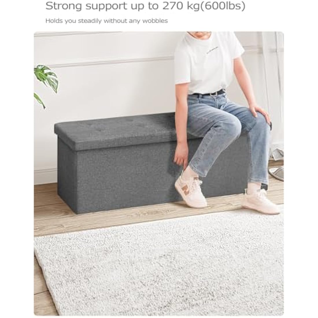Bonlife Extra Large Folding Storage Ottoman | Grey Linen Bench Trunk