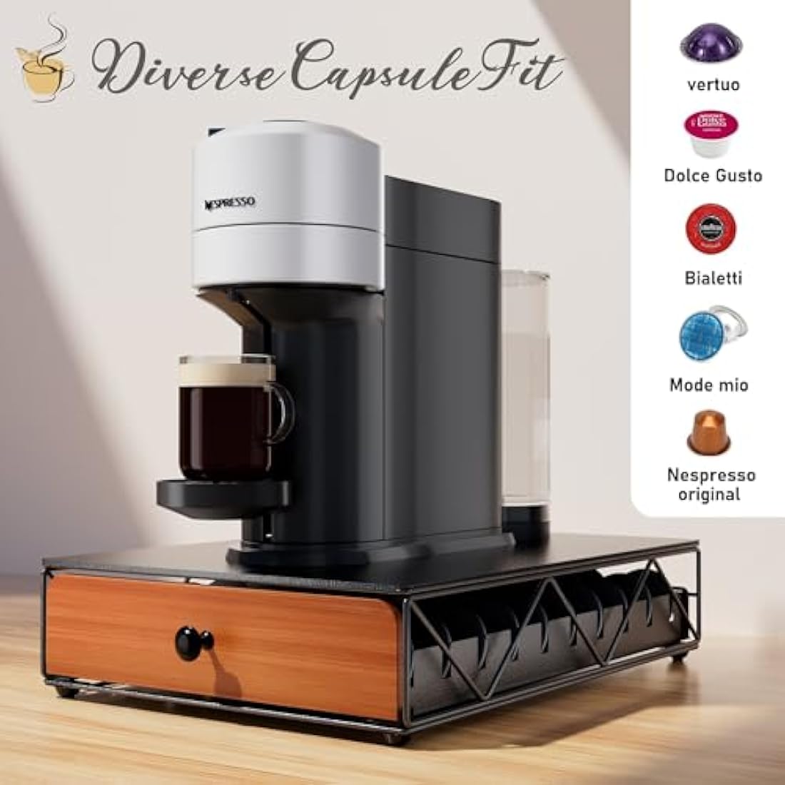 HFHOME Metal Coffee Pod Holder Drawer for 50 Nespresso Vertuo Capsules
