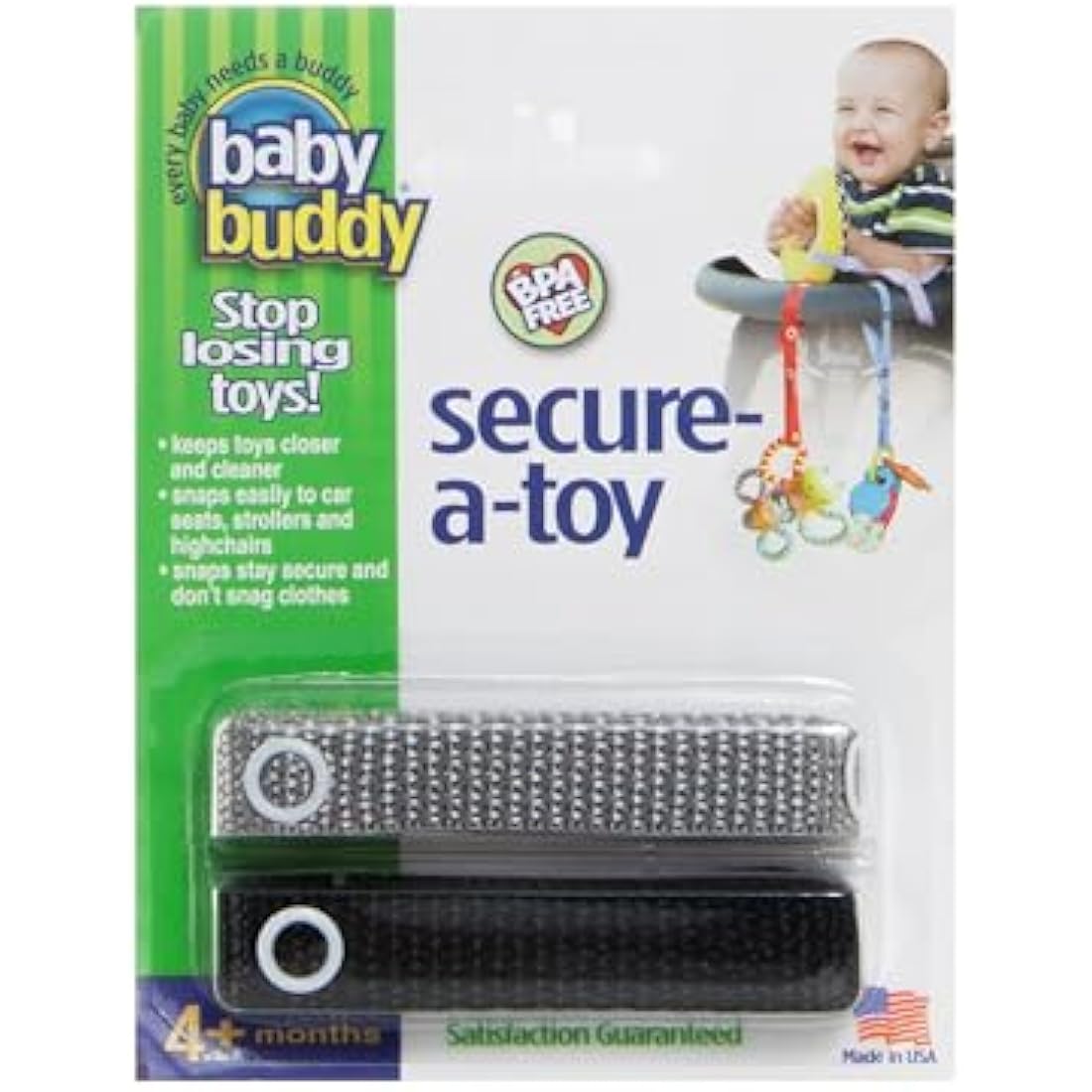 Baby Buddy Secure-A-Toy Safety Strap for Strollers, Black-Gray, 2 Count