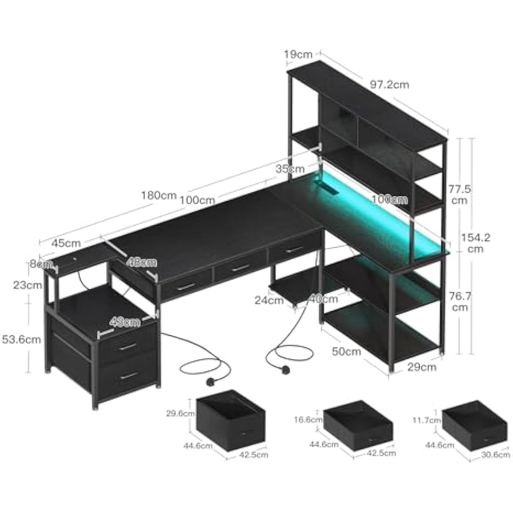 Coleshome L-Shaped Gaming Desk with LED Lights, Drawers & Power Outlets