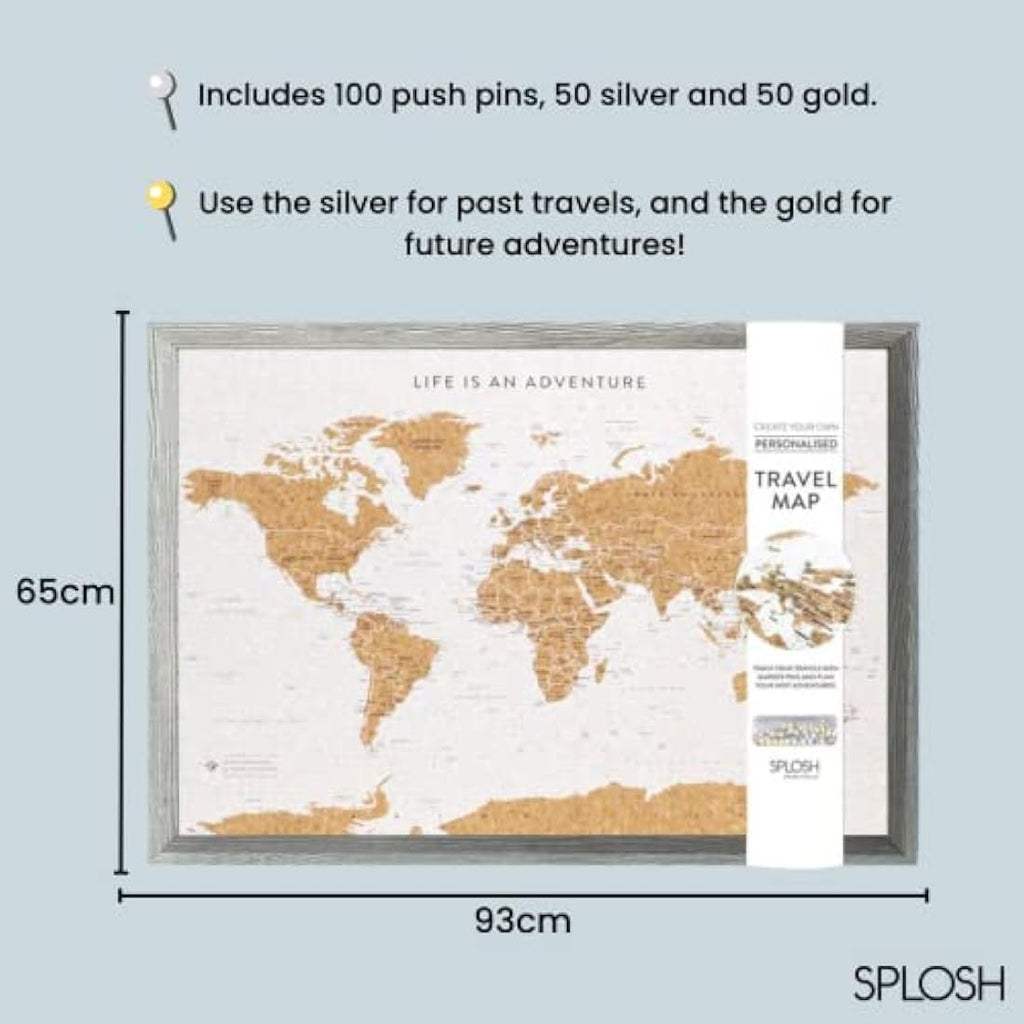 Splosh World Map Pin Board – Grey Framed Cork Board with 100 Pins