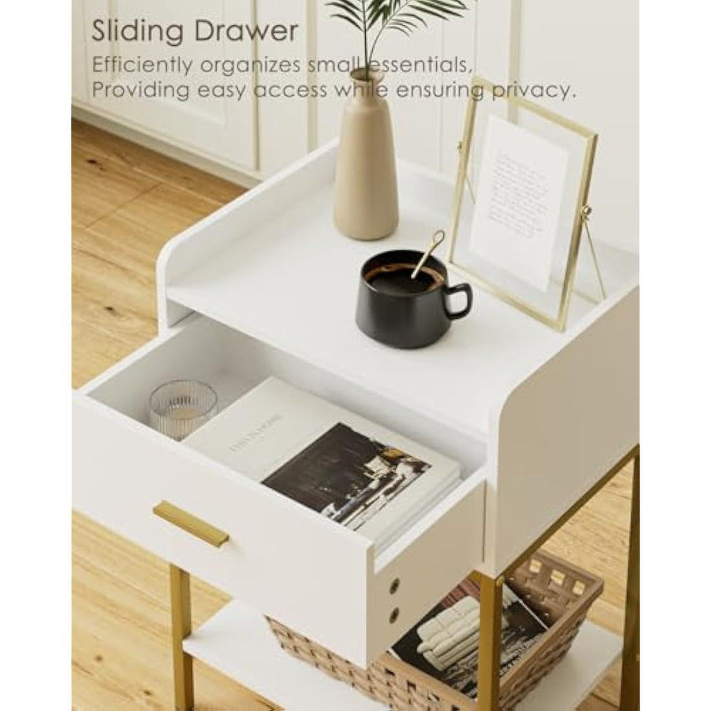 Modern Nightstand | 3-Tier White Bedside Table with Gold Legs