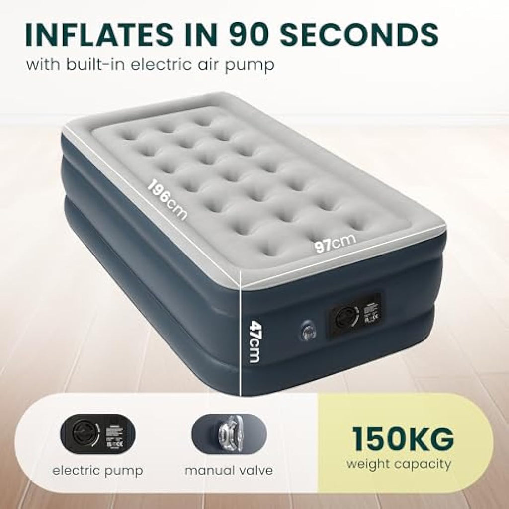 Green Haven Single Raised Air Bed with Built-in Electric Pump & Bag