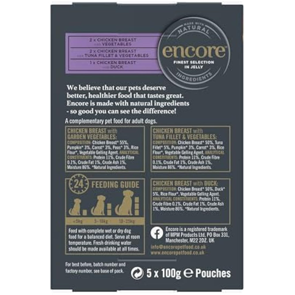 Encore Natural Wet Dog Food - Chicken Selection in Jelly, 5x100g Pouches