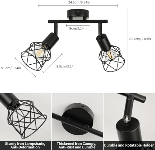 FORCOSO 2-Way Industrial Ceiling Spotlight | Black Metal Wire Cage Lamp