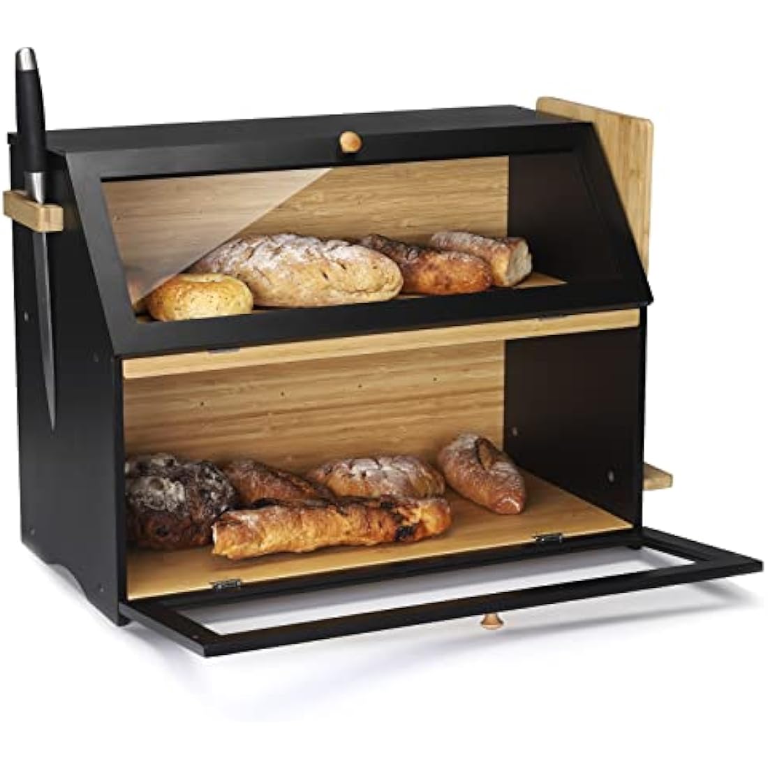 Bamboo Bread Box – Large 2-Layer Double Decker Bread Bin, Black