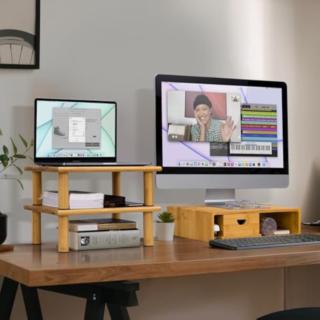 ROCDEER Bamboo Dual Monitor Stand Riser | Adjustable Desk Shelf
