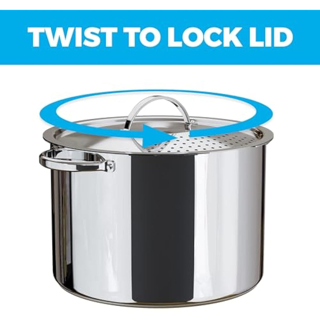 Jolof Store Stainless Steel Pasta Pot with Locking Strainer Lid – 5.5 Qt