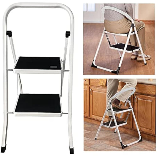 Jolof Store 2 Step Folding Ladder – Heavy Duty Steel Step Stool, 330lbs