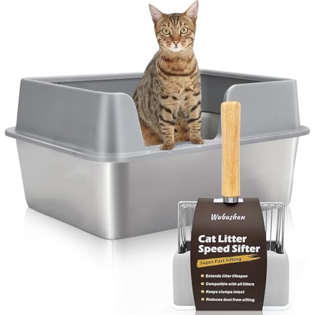 Jolof Store XXL Stainless Steel Cat Litter Tray with Metal Scoop