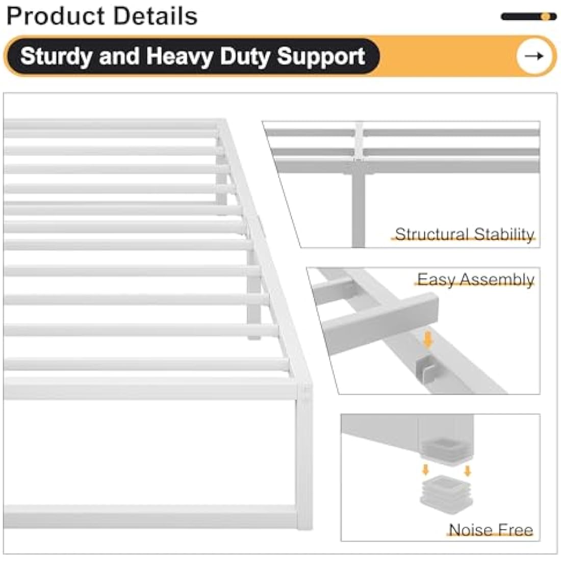 Single Metal Bed Frame – 90x190cm Steel Slat Support, White