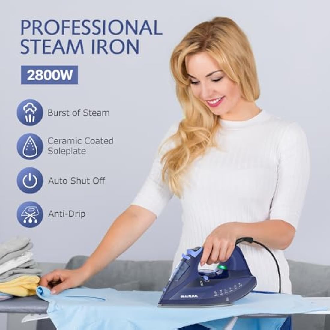 Beautural 2800W Steam Iron – Ceramic Soleplate & Auto-Off, Blue