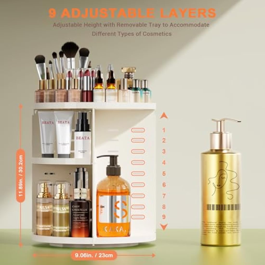 Auxmir 360 Rotating Makeup Organiser | 9-Tier Adjustable Storage, White