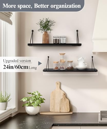 SUMGAR Black Floating Shelves – 60cm Modern Wood Wall Storage, Set of 2