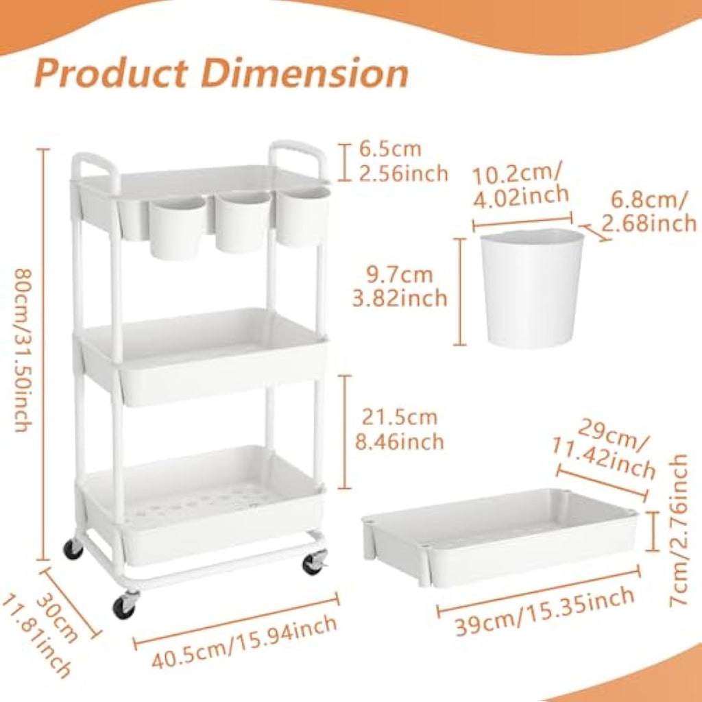 JIUYOTREE 3-Tier Rolling Utility Cart with Handles and Locking Wheels - White