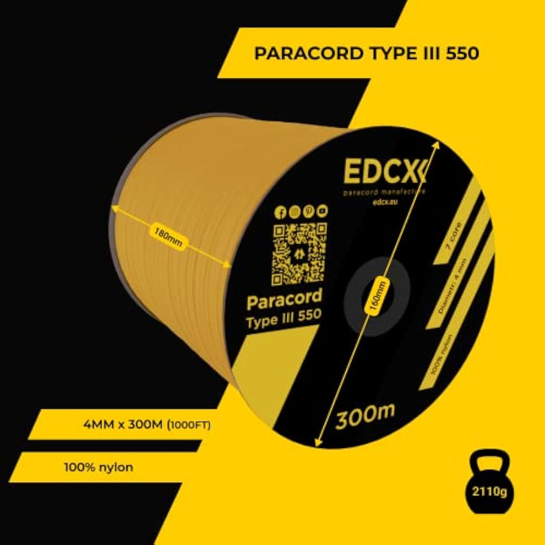 EDCX 550 Paracord – 4mm 7-Strand Nylon Rope for Camping and DIY