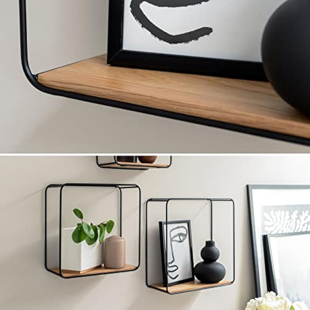 Kazai Jona Floating Wall Shelves – 3-Piece Industrial Oak & Metal Set