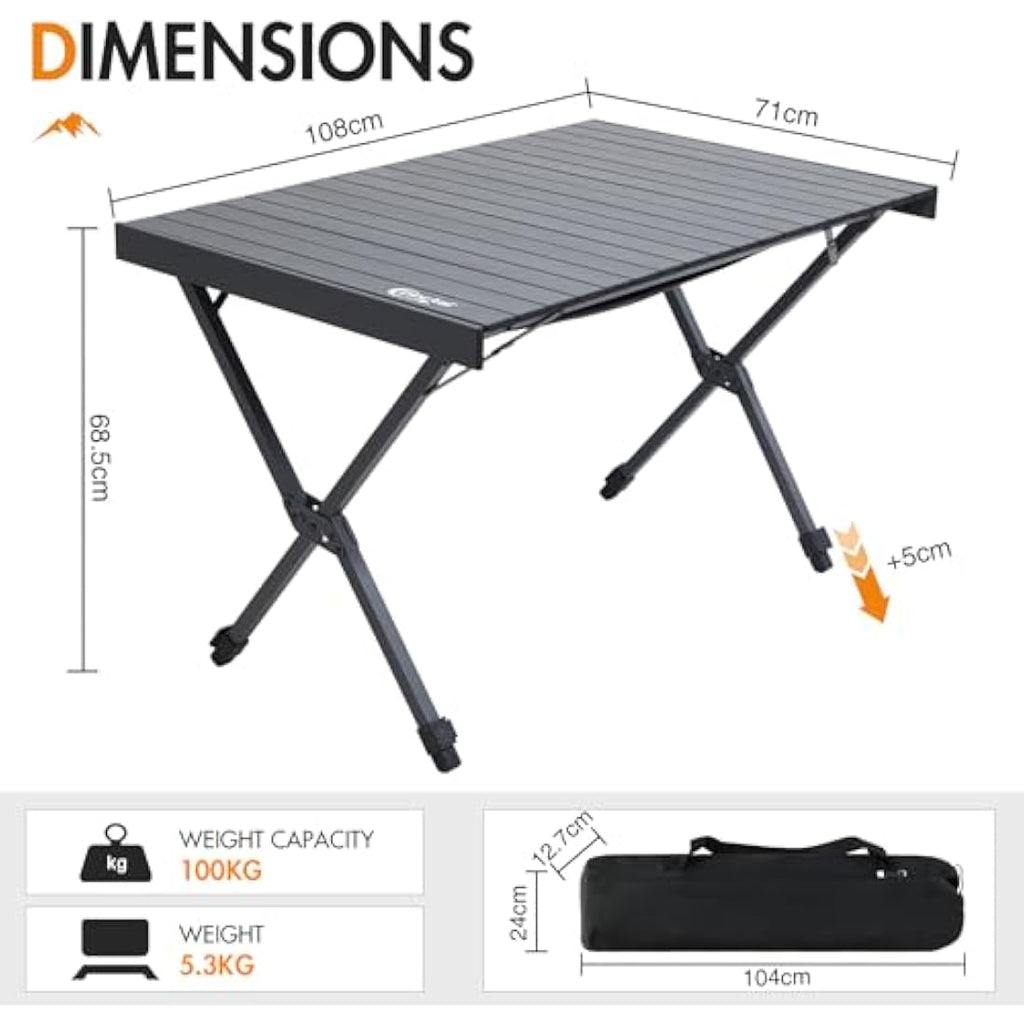 Portal Large Aluminum Camping Table – Height Adjustable Folding Picnic Desk