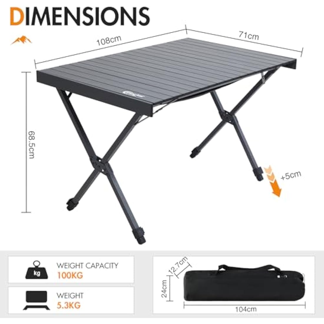 Portal Large Aluminum Camping Table – Height Adjustable Folding Picnic Desk