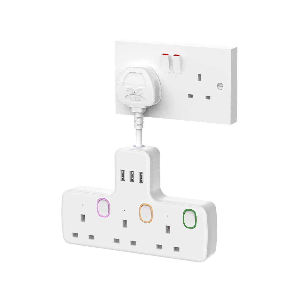 Mscien 3-Way Multi Plug Extension with 3 USB & Individual Switches