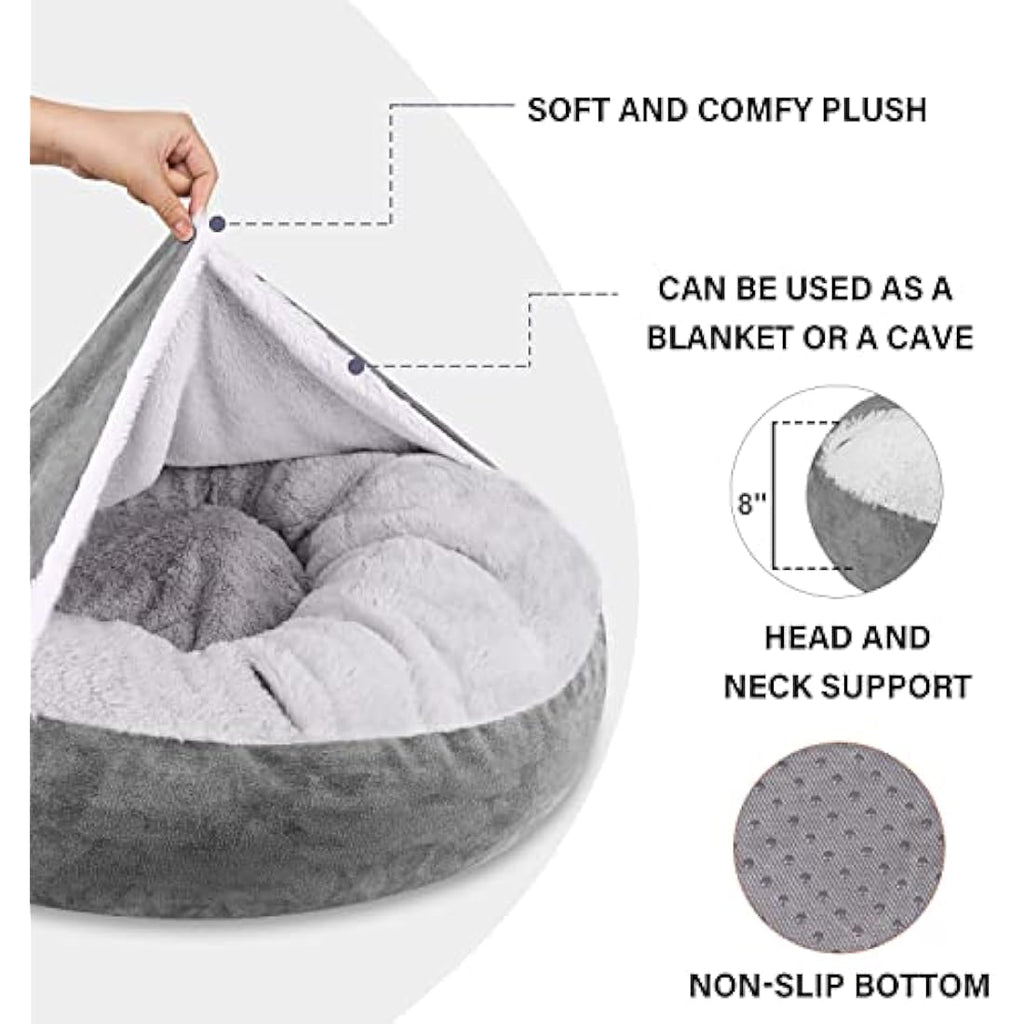 MICOOYO Hooded Donut Dog Bed – Large Grey Faux Fur Calming Pet Cave