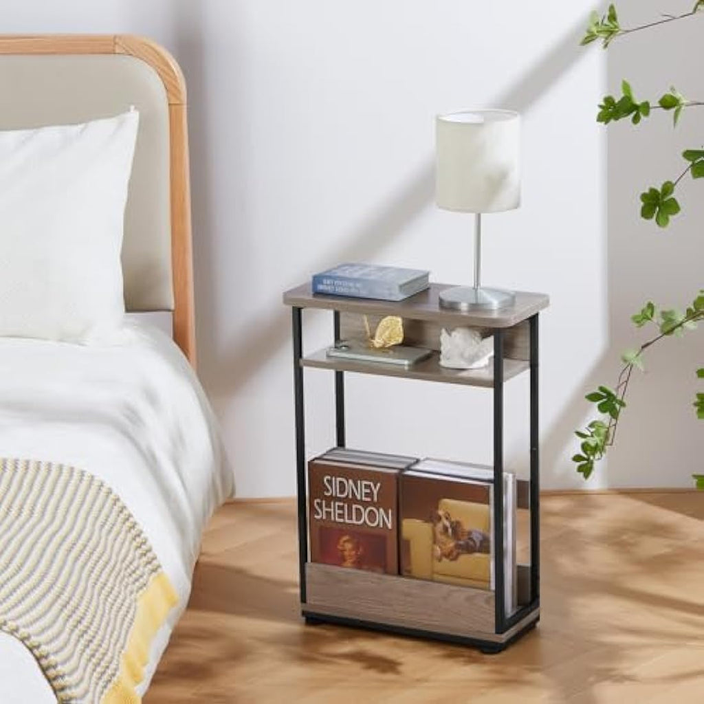 Jolof Store Narrow Side Table – Rustic Oak Nightstand with Magazine Rack