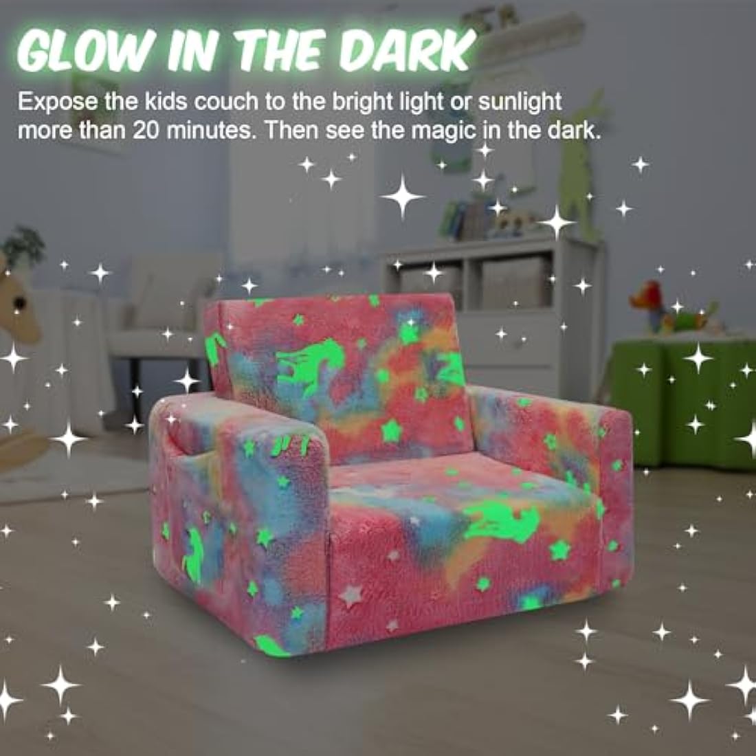 Jolof Store Kids Glow in the Dark Convertible Sofa – Pink Unicorn Lounger