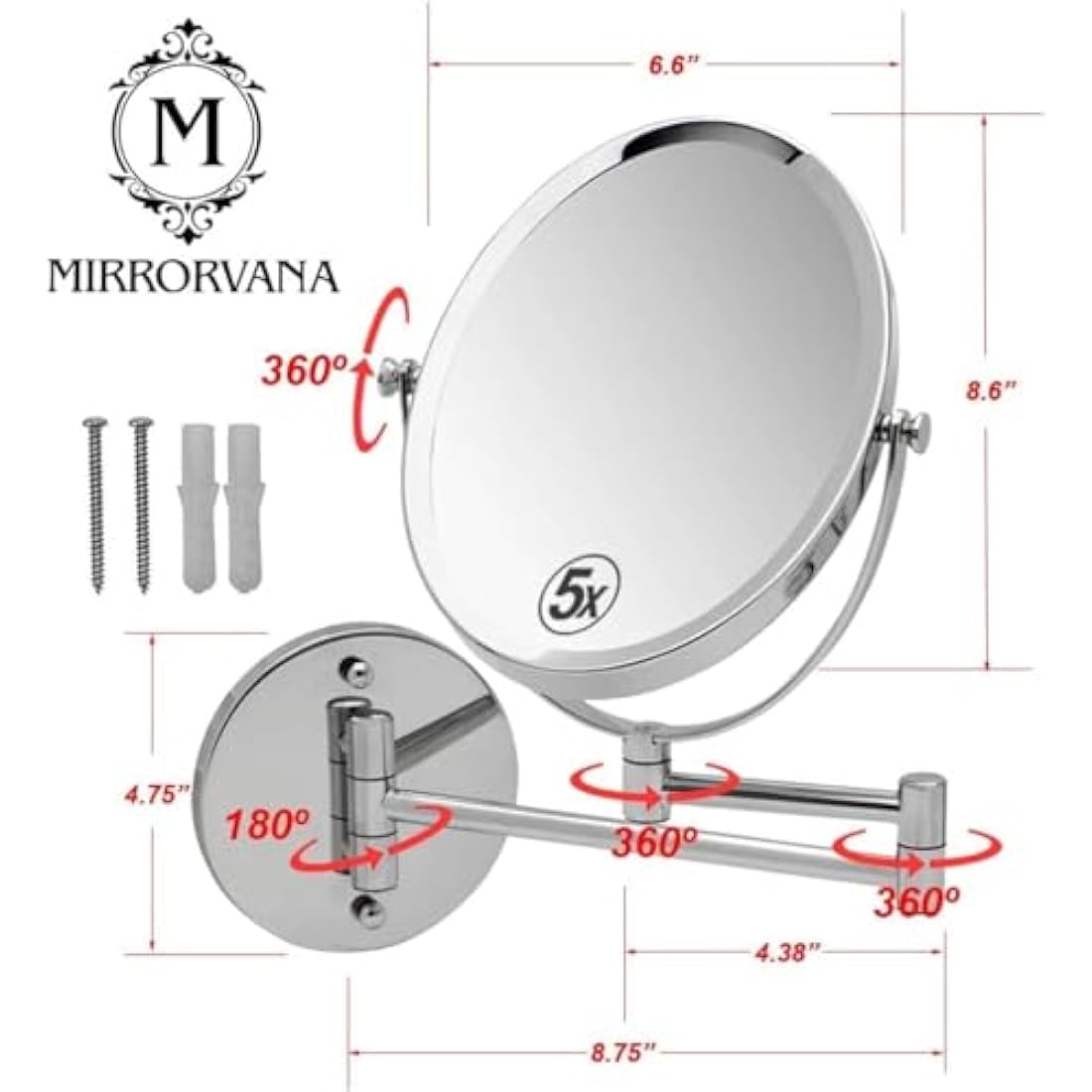 Mirrorvana Oval Wall Mount Bathroom Mirror – 5X Magnification Chrome