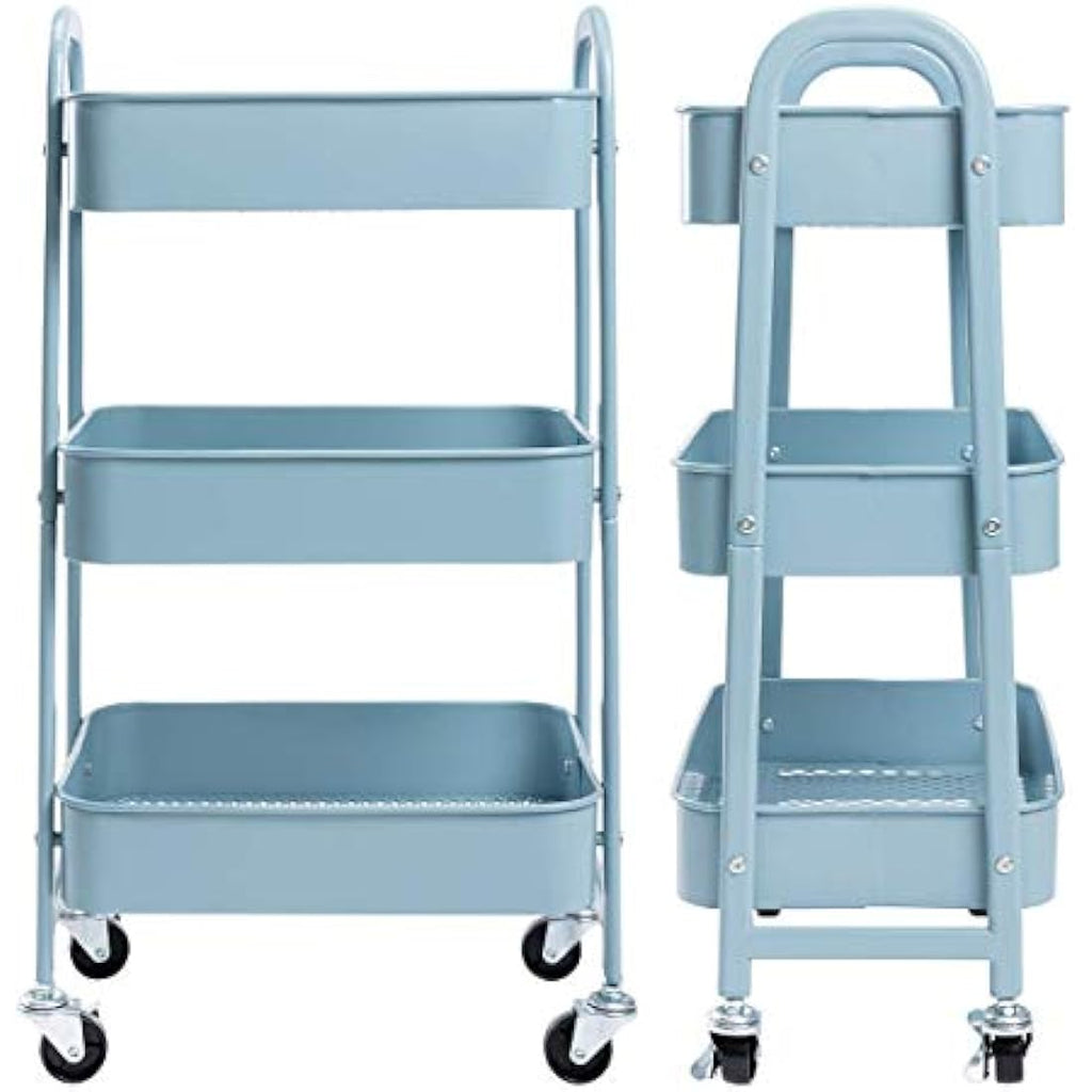DOEWORKS 3-Tier Metal Rolling Utility Cart – Slim Storage Trolley, Grey-Blue