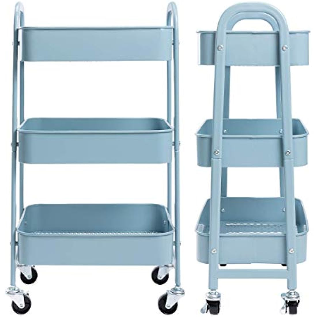 DOEWORKS 3-Tier Metal Rolling Utility Cart – Slim Storage Trolley, Grey-Blue
