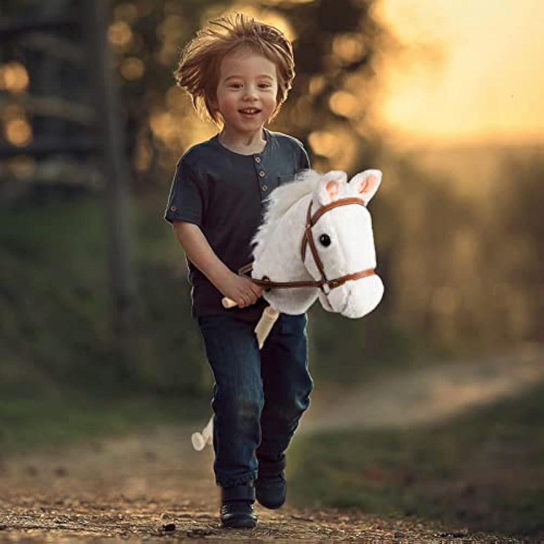 Jolof Store Plush Hobby Horse with Wheels and Sounds - White 36 Inch