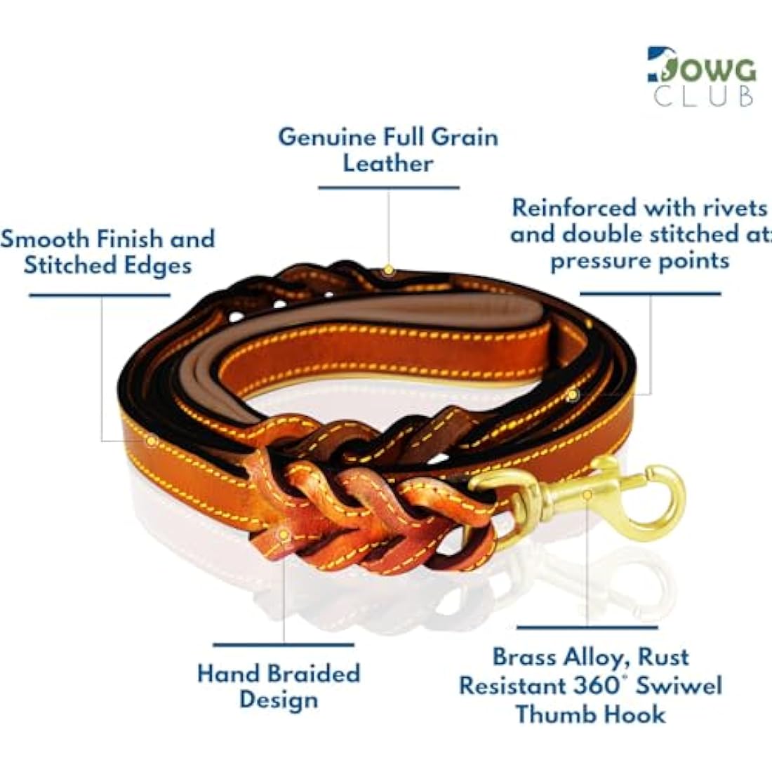 DowgClub 6' Leather Dog Leash | Dual Handle Braided Heavy Duty Lead - Tan