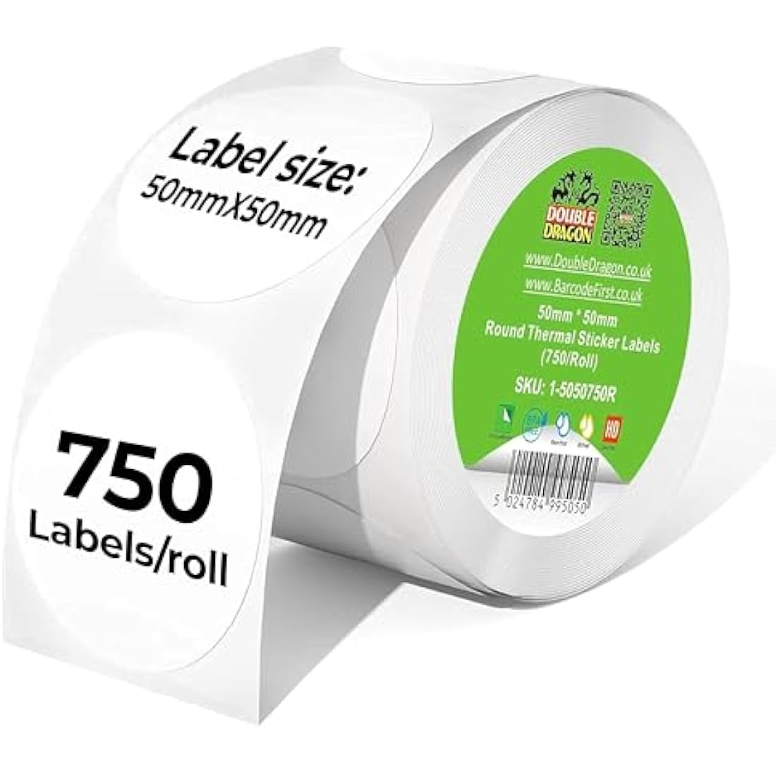 Double Dragon Round Thermal Labels | 50mm x 50mm | 750 BPA-Free Stickers