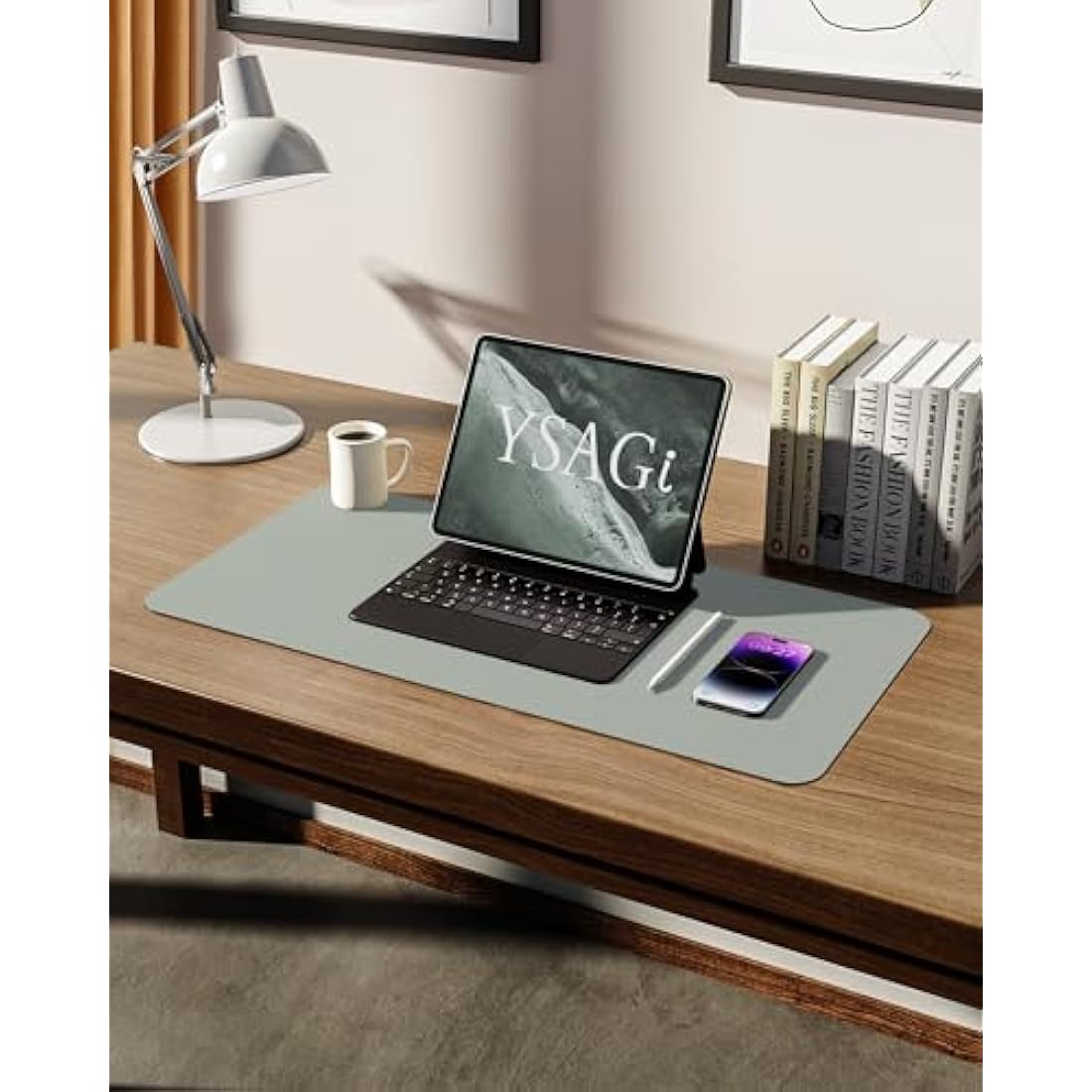 YSAGi Leather Desk Mat – Large Waterproof PU Mouse Pad, Grayish Green