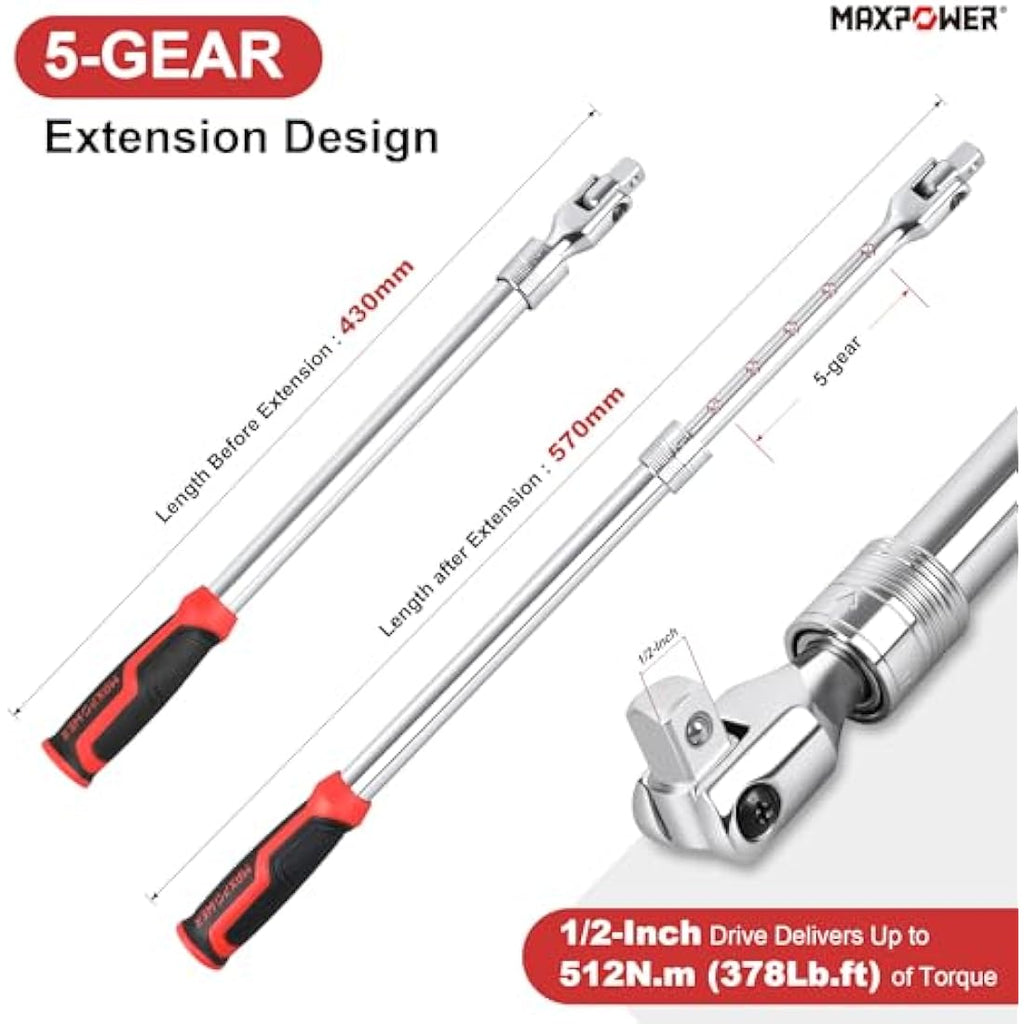 MAXPOWER 1/2-Inch Drive Telescopic Breaker Bar – Extendable Flex Handle