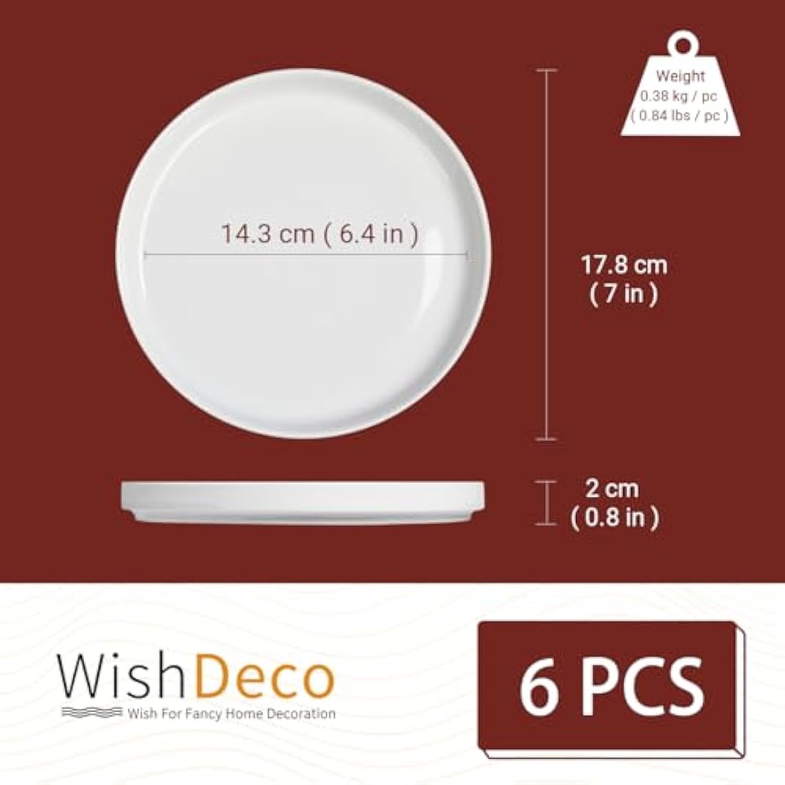 WishDeco White Ceramic Side Plates - 7 Inch Dessert Plates, Set of 6
