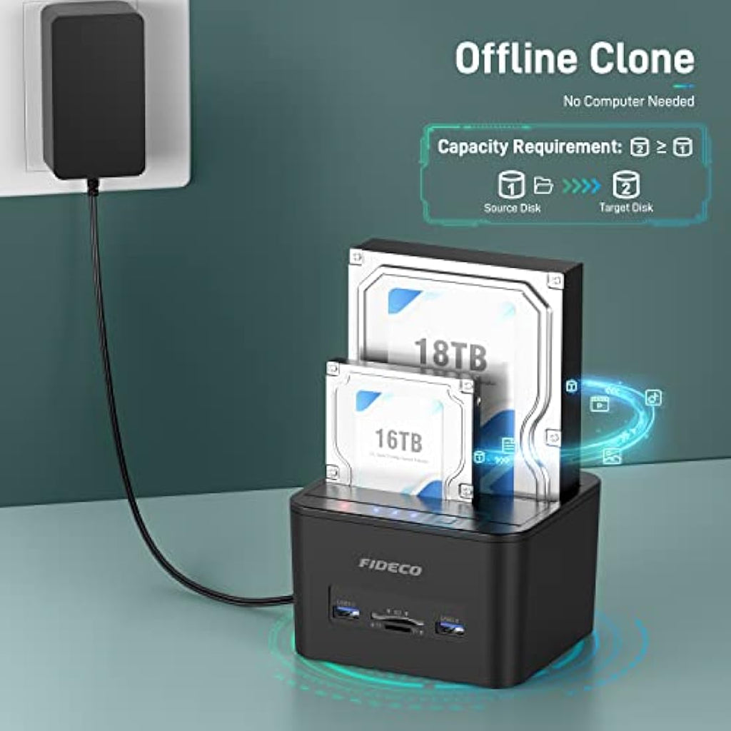 FIDECO USB 3.0 SATA HDD SSD Docking Station with Offline Clone & SD Reader