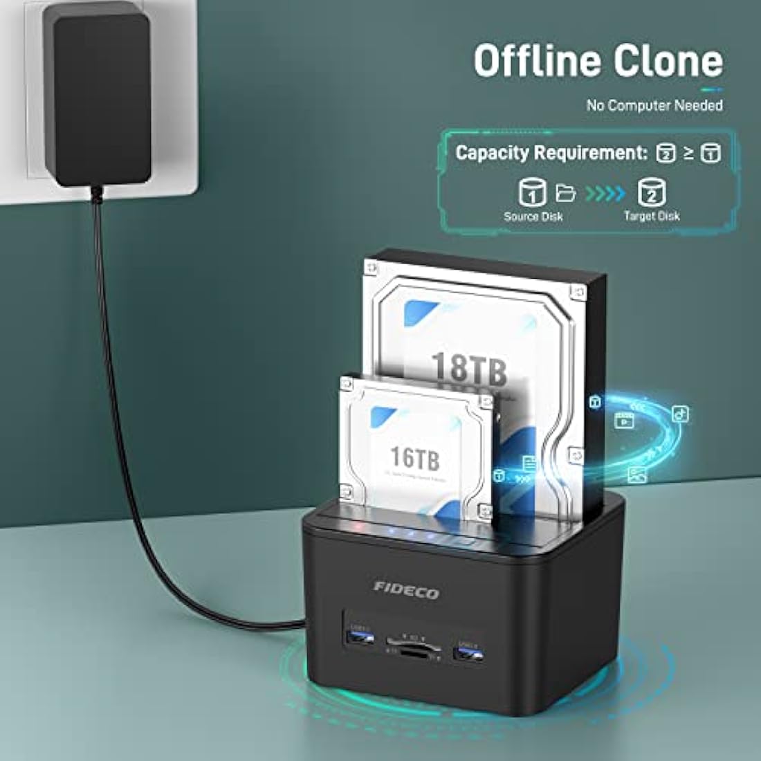 FIDECO USB 3.0 SATA HDD SSD Docking Station with Offline Clone & SD Reader