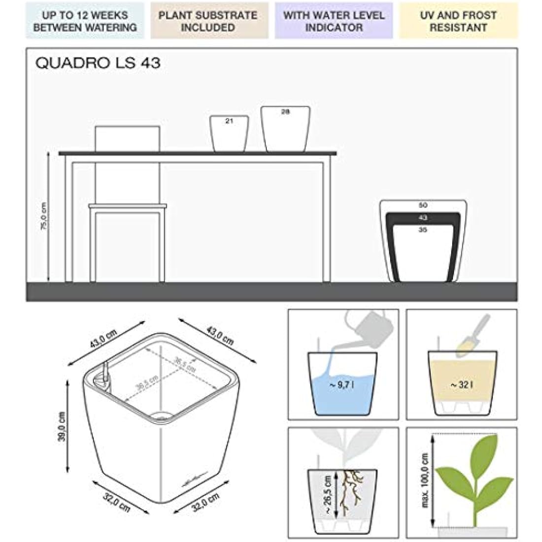 Lechuza Quadro LS 43 Self-Watering Planter - White High-Gloss Plastic