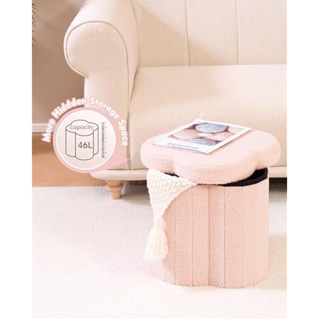 Bonlife Pink Boucle Folding Storage Ottoman – Teddy Flower Toy Chest