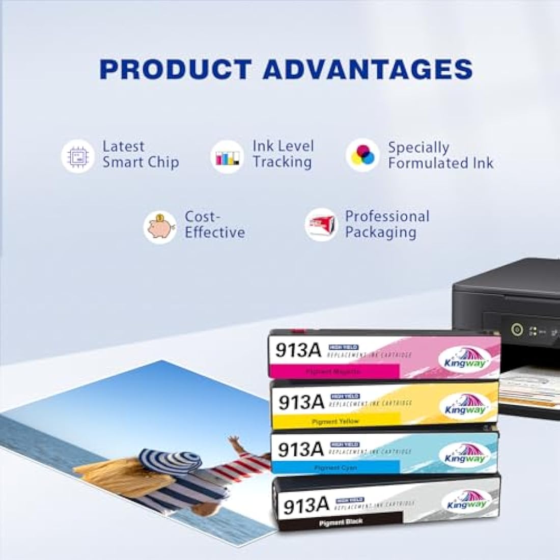 Kingway 913A Ink Cartridges for HP PageWide Pro 477dw 377dw | 4-Pack