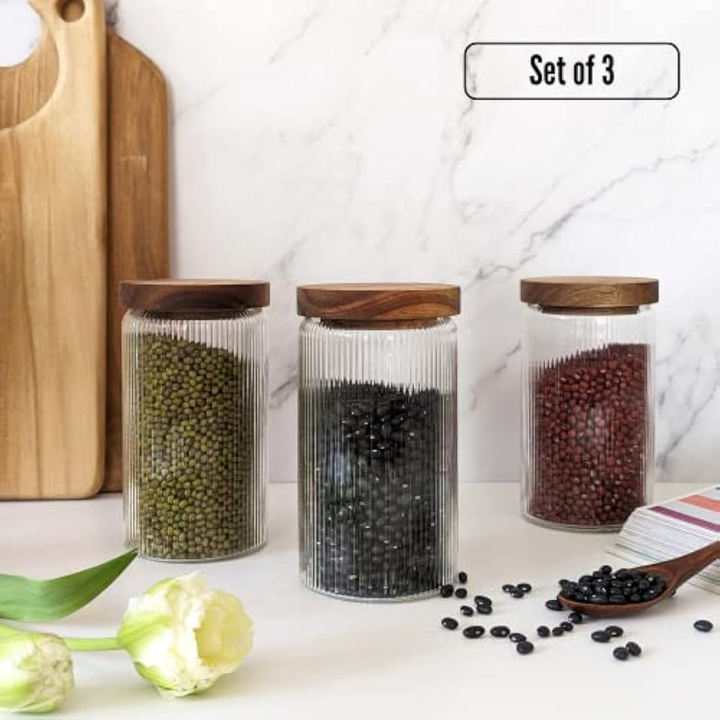 Mason & Fable Ribbed Glass Jars with Acacia Wood Lids - 800ml Set of 3