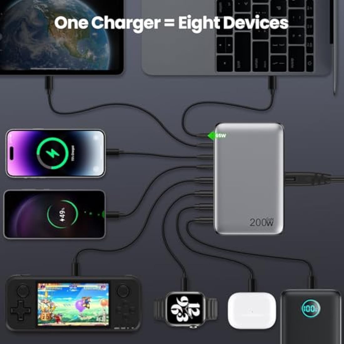 Jolof Store 200W USB C Fast Charger – 8-Port GaN III Charging Station Hub